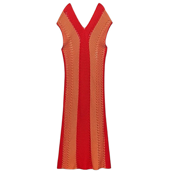 Zara Crochet Knit Dress Coverup V Neck Maxi Red Orange Boho Beach Festival Small - Picture 1 of 16